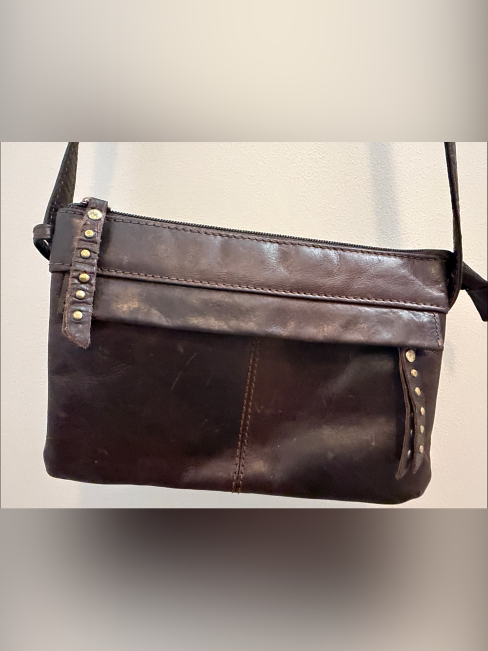 Classic Brown Leather Stud-Accent Sling purse